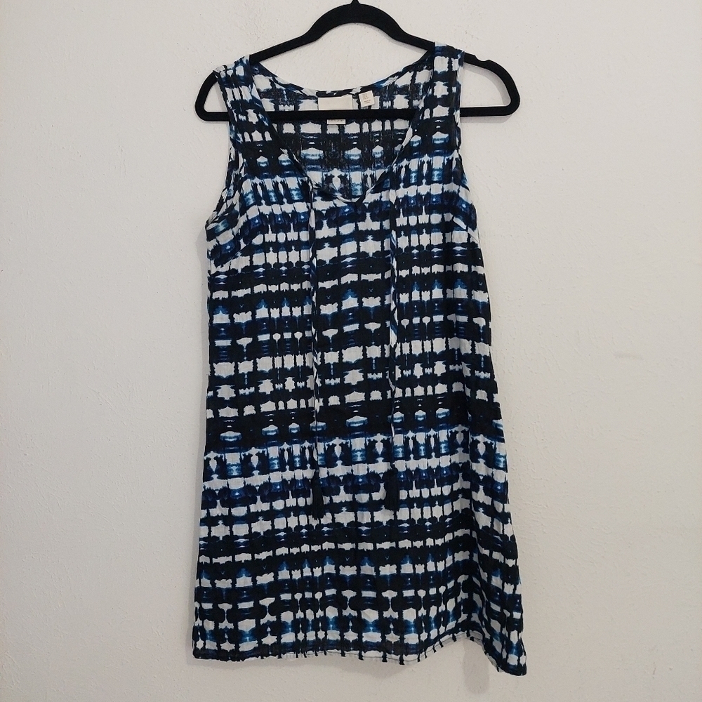 Cynthia Rowley Blue Tie Dye 100% Linen Shift Dress 2 Shibori‎ Tassel Sleeveless
